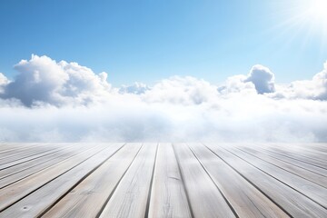 Wooden deck above clouds; sunny sky background