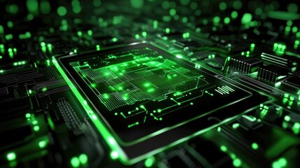 Tablet with a glowing touchscreen, positioned on a green background, representing interactive digital devices