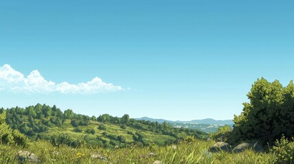 Summer Landscape with Rolling Green Hills under a Blue Sky