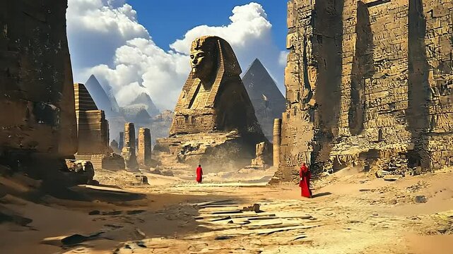 A desert scene featuring a sphinx and pyramids, with figures in red robes amidst ancient ruins.