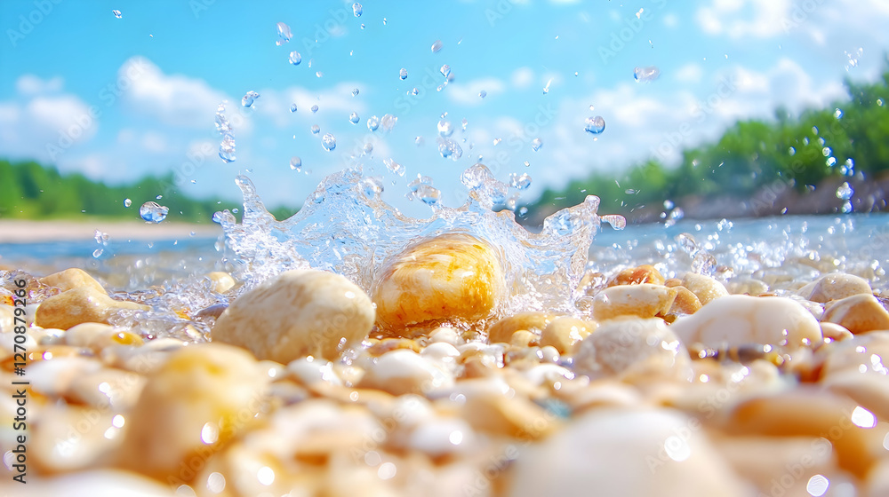 Poster pebble splash in river on sunny day for stock image, blurred trees background