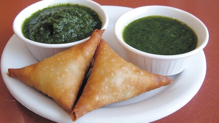 Samosas with mint chutneys, restaurant table
