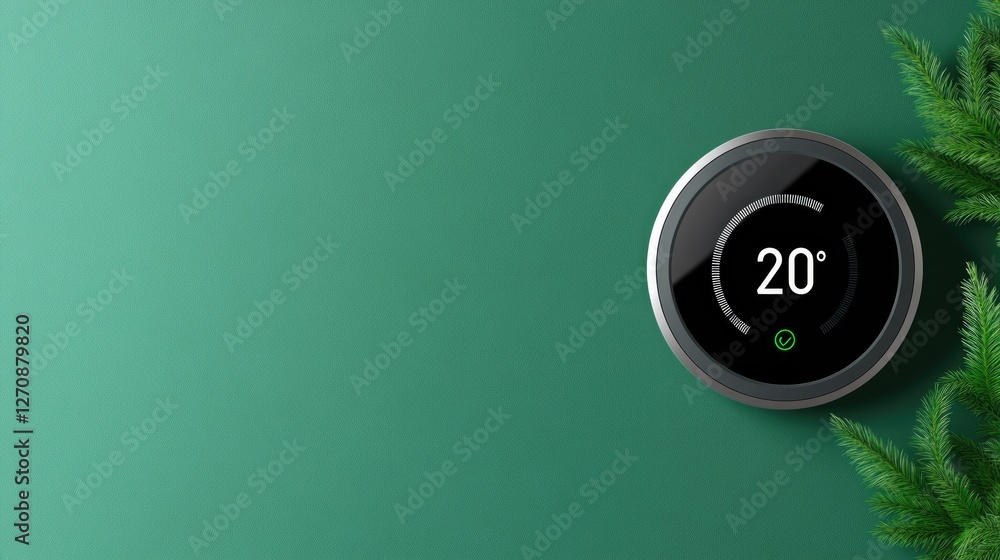 Poster touchscreen smart thermostat with energy-saving features, placed on a green background, symbolizing 