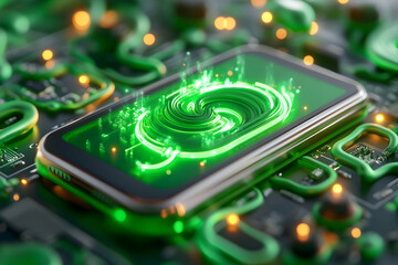 Fototapeta premium Phone showing green energy. Circuit background. For eco tech or energy usage