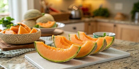 Fresh Cut Cantaloupe Melon Slices on Kitchen Countertop - Vibrant Fruit Photography with Blurred Background and Copy Space for Text