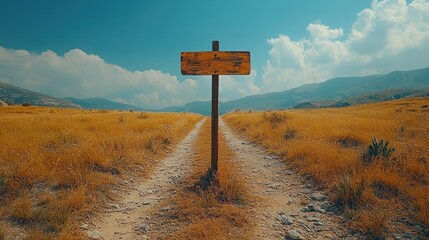 Blank signpost, dirt road, mountain vista, travel