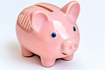 Pink piggy bank on white background for savings, investment, finance, or budget