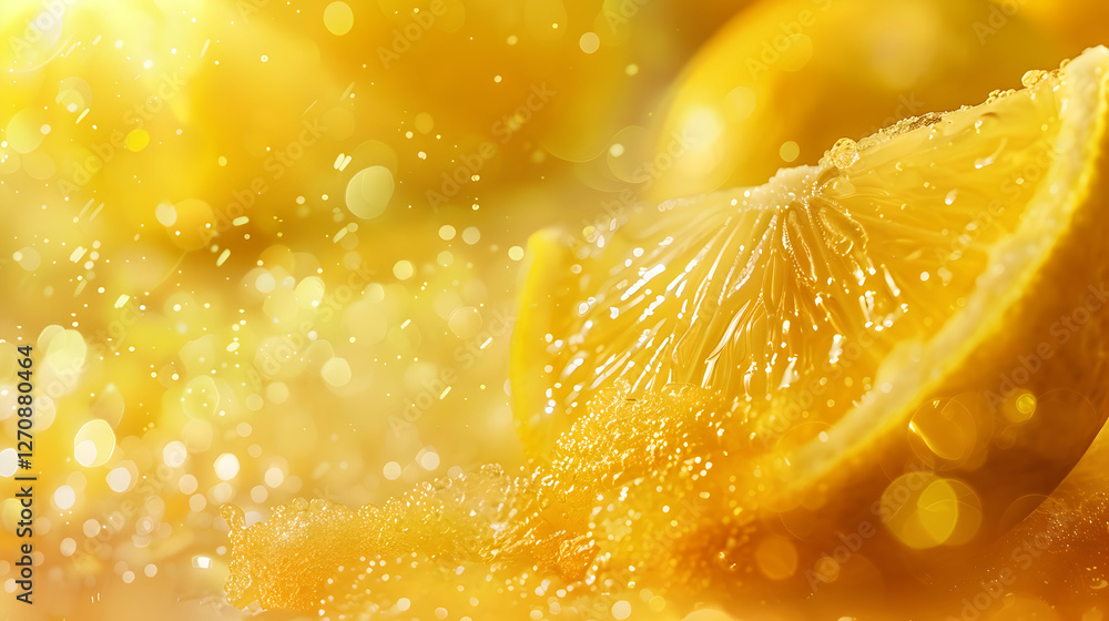 Aufkleber close-up of vibrant lemon slices surrounded by sparkling sugar and soft bokeh background
