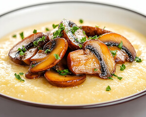 Polenta with Mushrooms Gourmet dish served on white plate with herbs on topping
