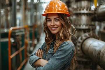Waist up portrait of a confident mixed-race female worker with arms crossed, standing in a factory workshop