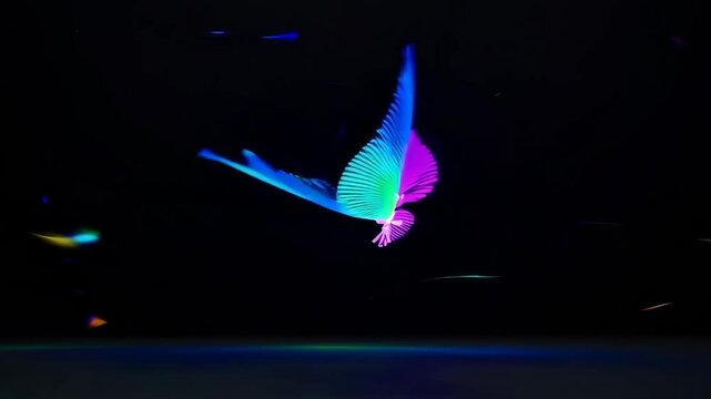 Digital Neon Butterfly on black background. Futuristic technology. Copy space for text