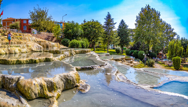 Red thermal  springs terraces in Karahayit not far from Pamukkale resort, Karahayit, Denizl, Turkey
