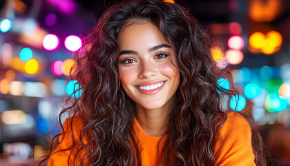 Fototapeta premium Portrait of a smiling woman with curly hair in front of colorful lights background