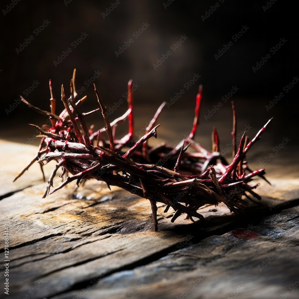 Poster a crown of thorns rests on a rustic wooden surface, illuminated by soft light that highlights its in