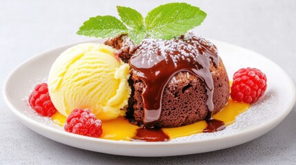 Decadent Chocolate Lava Cake with Ice Cream, Berries, and Mint Leaf on a Simple Plate