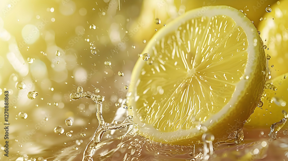 Aufkleber fresh lemon slices splashing in water with vibrant droplets, creating a refreshing atmosphere