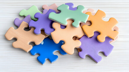 Obraz premium Puzzle pieces with pastel colors stacked on a wooden background for concept images