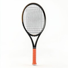 A black tennis racket with a vibrant orange grip, displayed against a white background, highlighting its sleek design and string pattern.