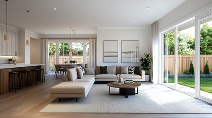 Modern and Spacious Living Room with Open Concept Design, Natural Light, and Green Backyard View for Contemporary Home Decor Inspiration