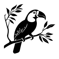 Obraz premium Silhouetted toucan perched on branch, tropical foliage background, decorative design