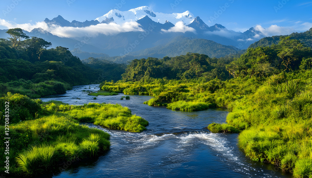 Poster river flows in lush jungle with snowy mountain range in the background. stock image