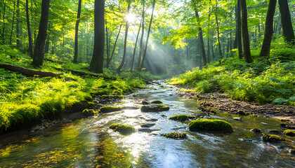 Fototapeta premium River flows through a green forest with sunlight streaming, for nature themes