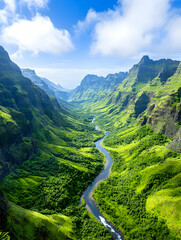 River flows through green canyon under blue sky on sunny day. Travel use