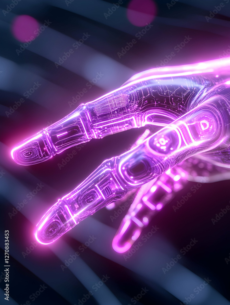 Aufkleber robotic hand hovers; futuristic background with glowing orbs for tech visualization