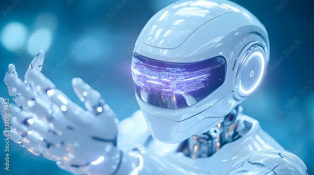 Poster robot interacts with data, innovation background, future tech use concept