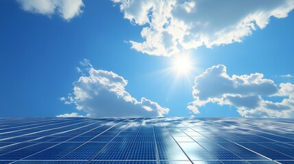 Bright Solar Panels Reflecting Sunlight in Clear Blue Sky