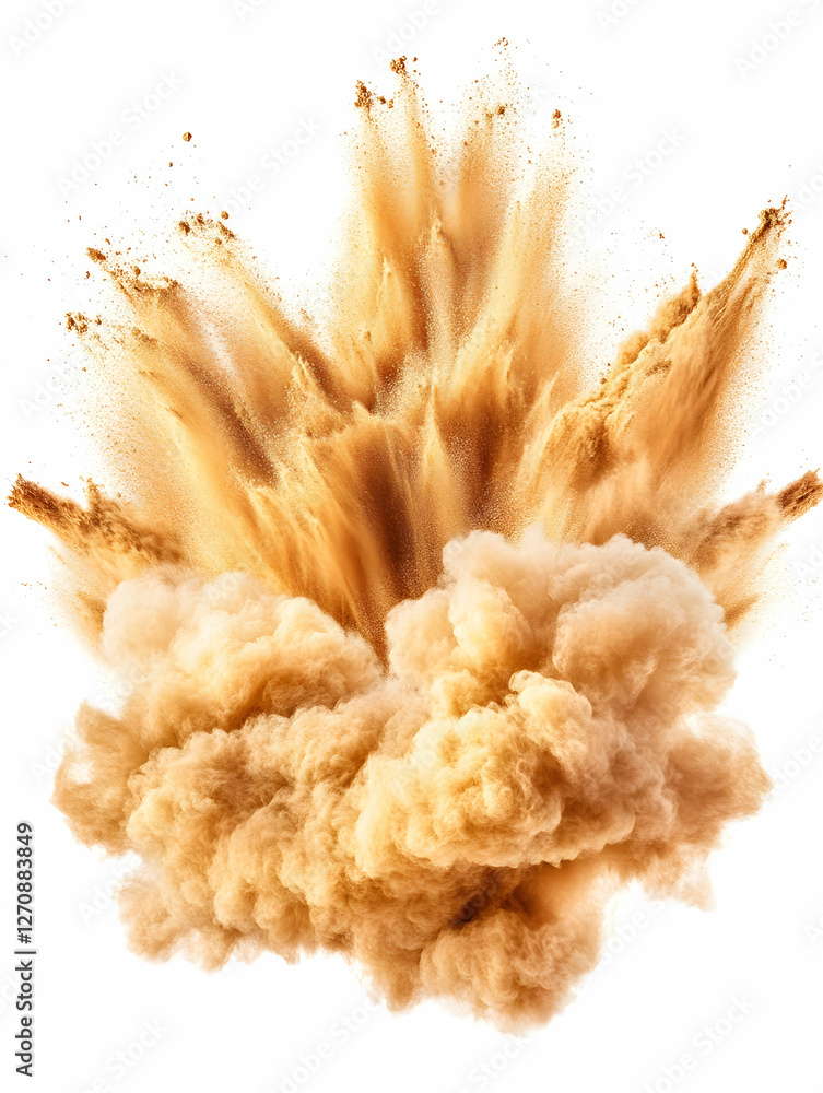 Poster sand explosion effect on a white background for product showcase or ads design