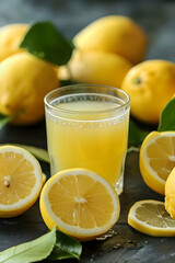 Refreshing lemon drink surrounded by fresh lemons and leaves on a dark background
