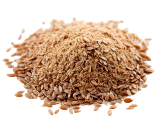Pile of light brown flax seeds and flaxseed meal on transparent background. Close-up view showing texture and detail