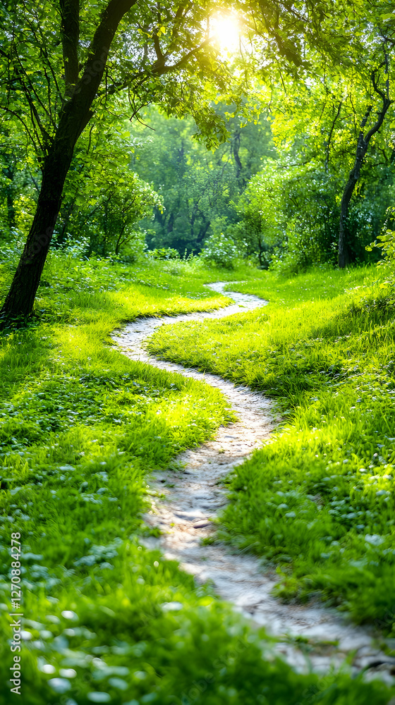 Poster scenic path winds through a lush forest as sunlight streams through the trees