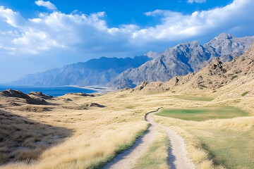 Scenic landscape of a desert trail leading to mountains and sea under a cloudy sky