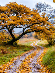 Fototapeta premium Scenic Autumn Path golden leaves covering a winding road through a forest. Editorial