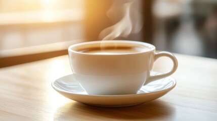 Obraz premium Steaming coffee cup on cafe table, sunny day