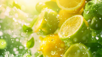 Fresh lemons and limes splashing in water with vibrant green background, showcasing freshness