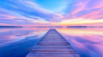 Fototapeta premium Serene lake view with wooden pier at sunset, calm water reflects pastel sky