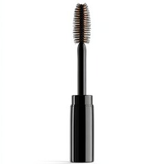A sleek black mascara tube with a spiral brush, positioned upright against a white background, showcasing its design and functionality.