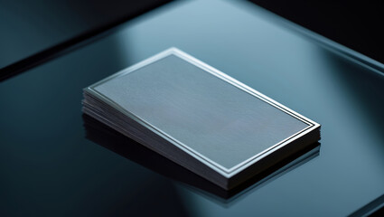 Blank business cards stacked neatly on a glass table, reflecting light in a modern workspace