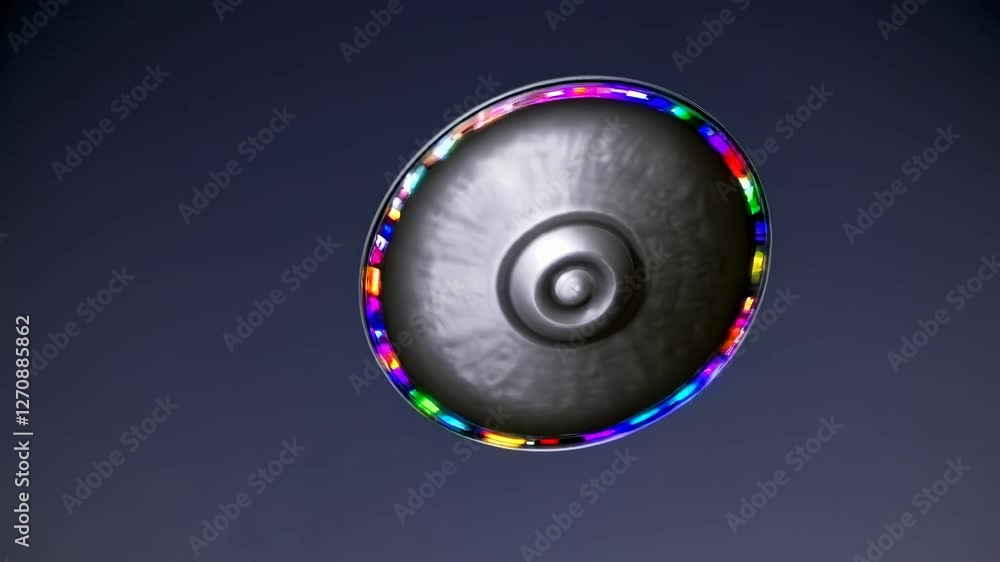 Poster aerial view of a ufo-like object with colorful lights against a dark sky, creating a mysterious sci-