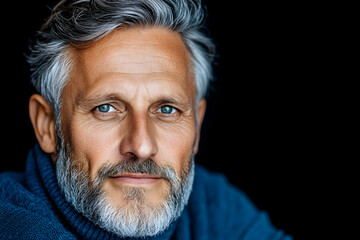 Silver haired man smiles indoors, dark background. Use lifestyle, portraits