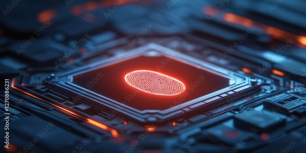 Poster cyber security ransomware access control concept. digital fingerprint on a circuit board in glowing 