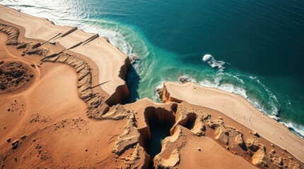 Majestic cliffs and golden sands meet the azure ocean in a breathtaking coastal paradise at sunrise