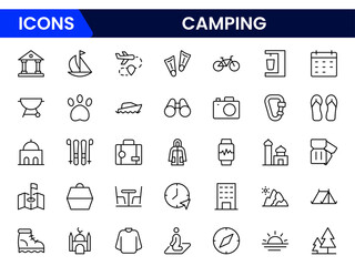 Camping outline icons set. Tent, campfire, backpack, hiking, adventure, nature, bag, compass, lantern and more. vector illustrator.