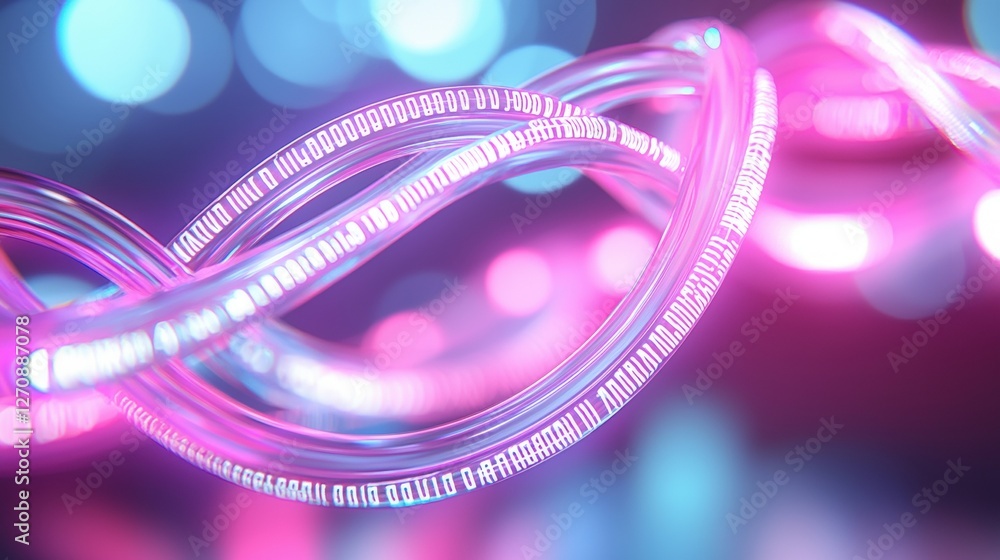 Poster a vibrant, abstract image featuring glowing, intertwined strands with binary code, set against a col
