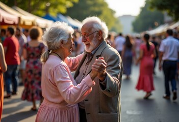 Elderly man and woman dancing on the street, active old age, street dancing. Backlighting