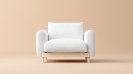 Fototapeta premium A cozy, modern armchair with a plush white cushion and a light wooden base, set against a soft beige background.