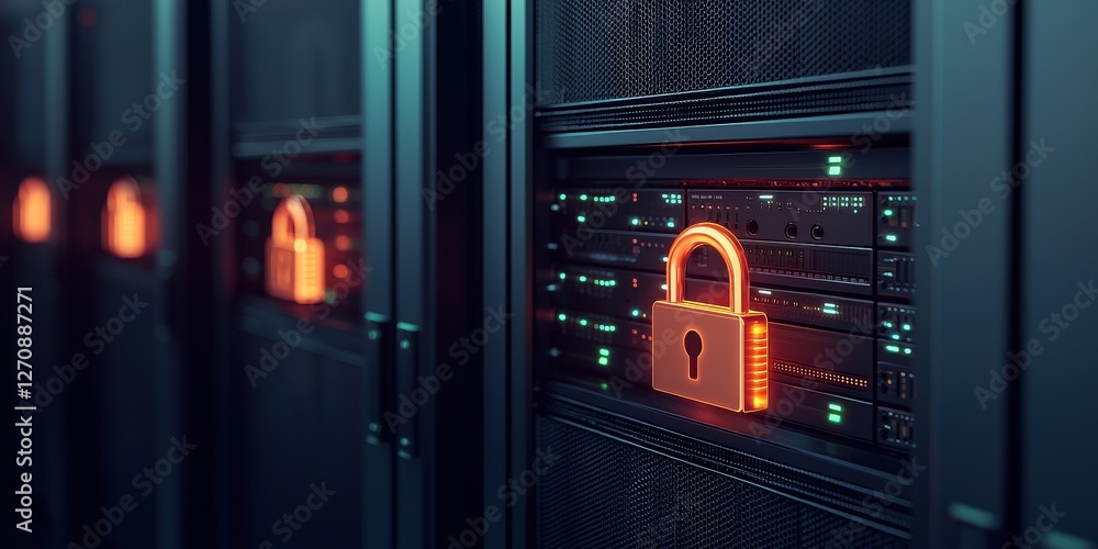 Aufkleber cyber security ransomware access control concept. data servers with digital lock symbols symbolizing